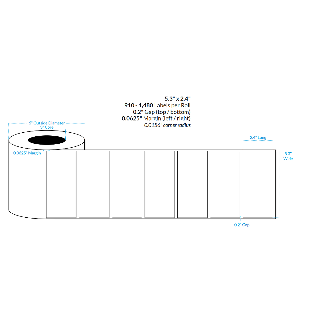 [101303-3X6-HGB-113-1000000] 5.3" X 2.4" HIGH GLOSS WHITE Polypropylene BOPP {SQUARE CORNERS} Roll Labels  (3"CORE/6"OD)