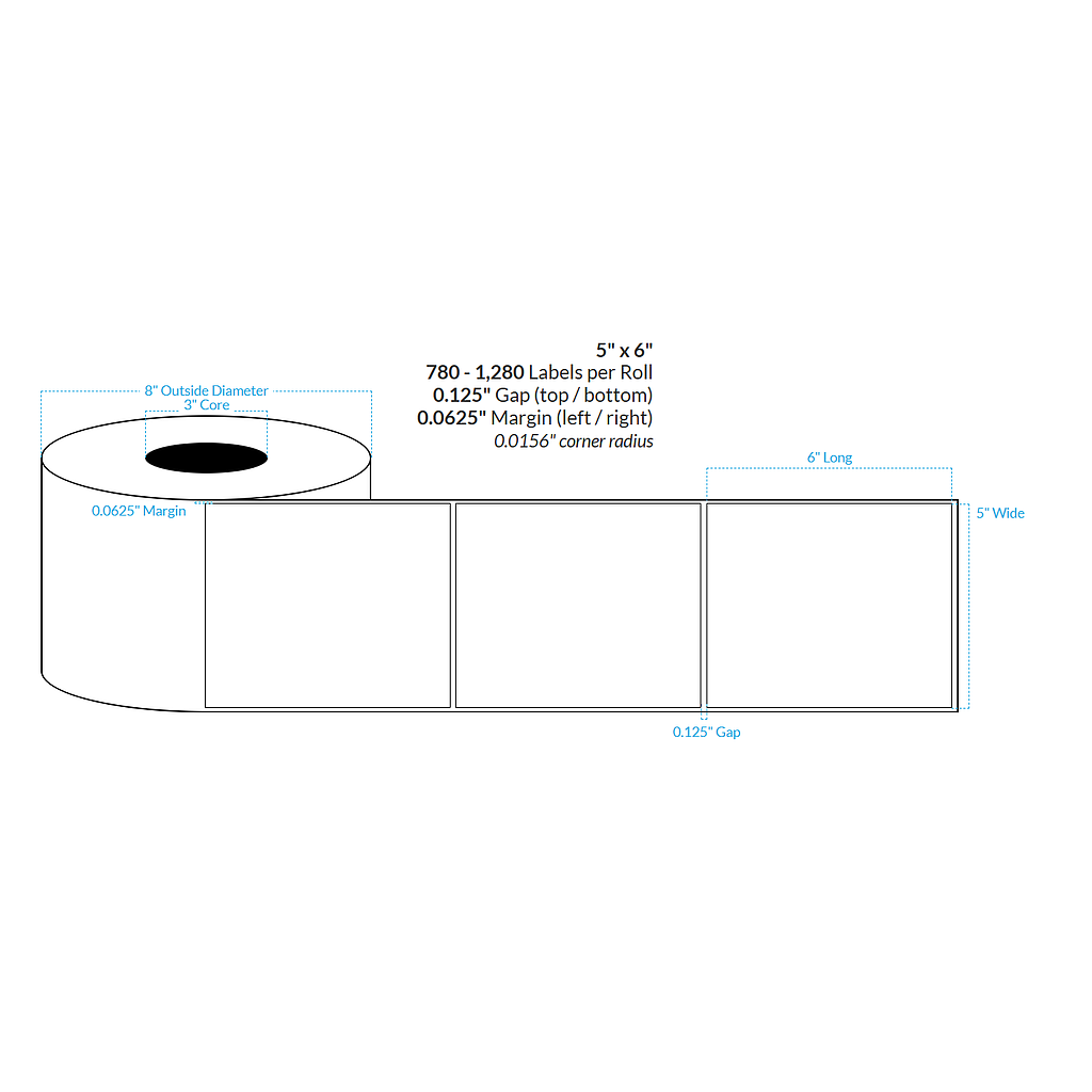 [102751-3X8-HGB-182-1000000] 5" X 6" High Gloss White Polypropylene BOPP {Square Corners} Roll Labels  (3"Core/8"OD)