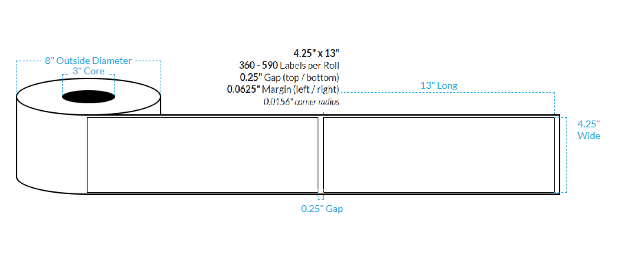[102633-3X8-HGWP-110-1000000] 4.25" X 13" HIGH GLOSS WHITE Paper {SQUARE CORNERS} Roll Labels  (3"CORE/8"OD)