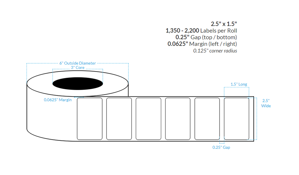[101625-3X6-HGB-113-1000000] 2.5" X 1.5" High Gloss White Polypropylene BOPP {Rounded Corners} Roll Labels (3"Core/6"OD)