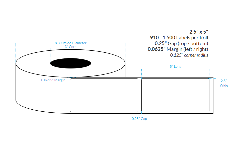 2.5" x 5" HIGH GLOSS WHITE Polypropylene BOPP EXTREME TACK {SQUARE CORNERS} Roll Labels (3"CORE/8"OD)
