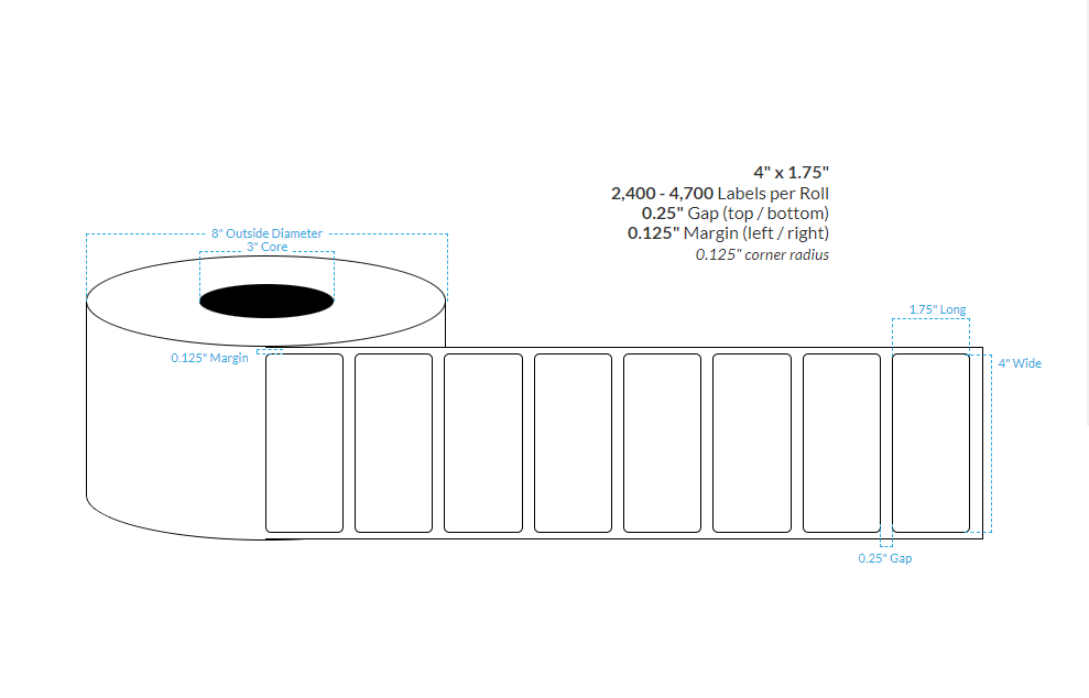 [100155-3X8-HGWP-138-1000000] 4" X 1.75" High Gloss White Paper {Round Corners} Roll Labels  (3"Core/8"OD)