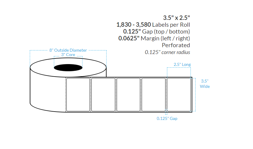 3.5" x 2.5" MATTE WHITE (BOPP) PERFORATED {ROUNDED CORNERS} Roll Labels  (3"CORE/8"OD)