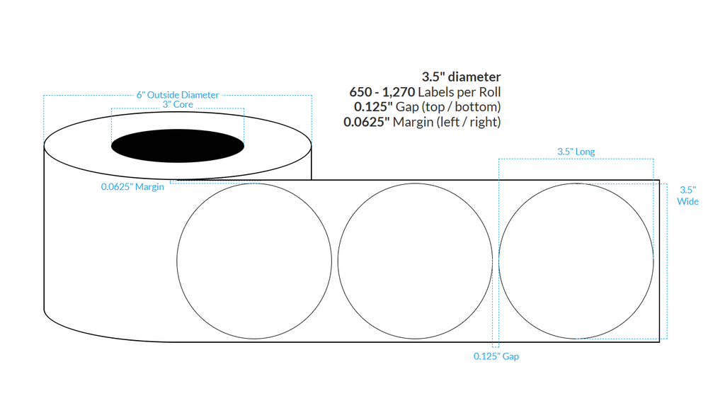 3.5" HIGH GLOSS WHITE Polypropylene BOPP {CIRCLE} Roll Labels (3"CORE/6"OD)