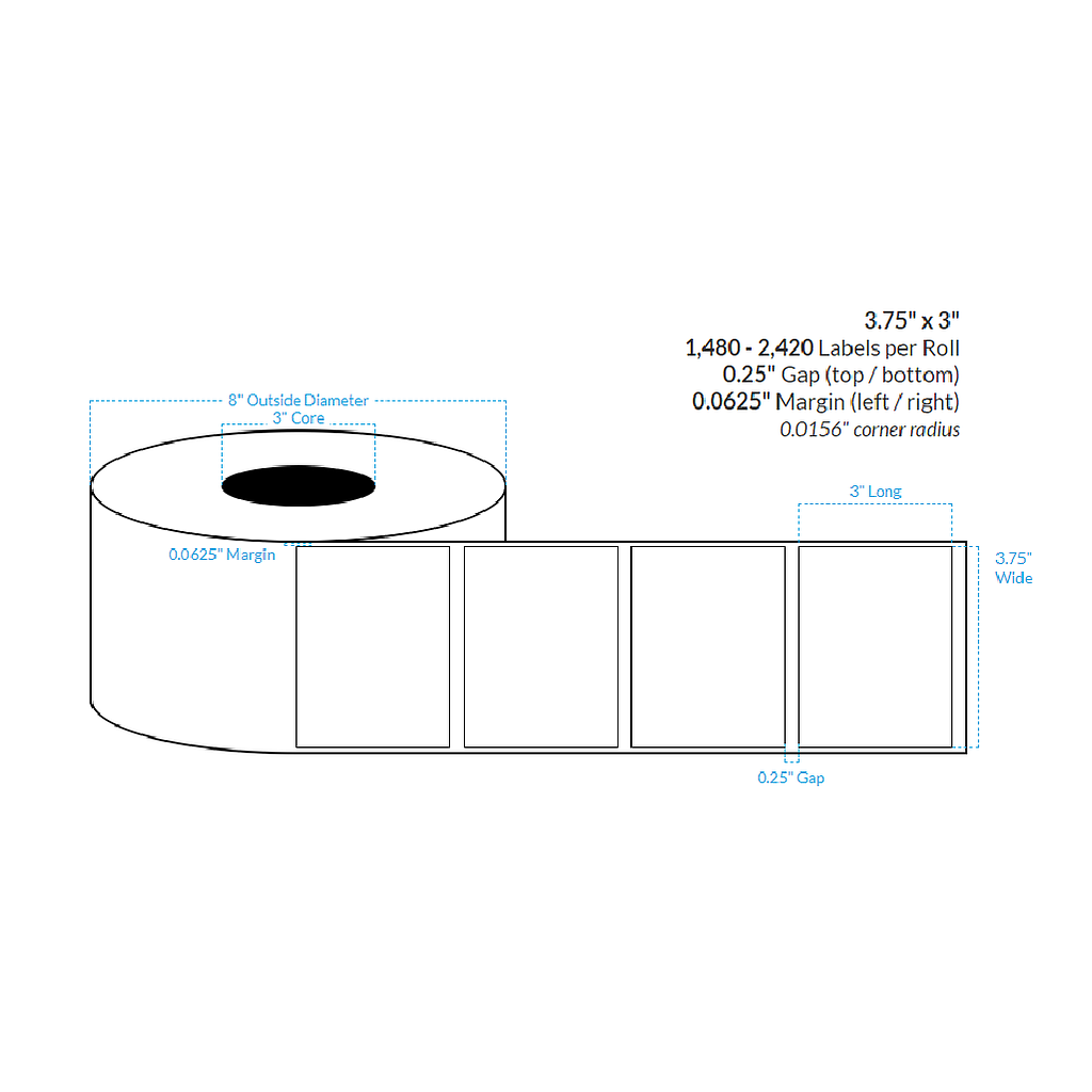 [103431-3X8-HGB-182-1000000] 3.75" x 3" HIGH GLOSS WHITE POLPROPYLENE BOPP {SQUARE CORNERS} Roll Labels (3"CORE/8"OD)