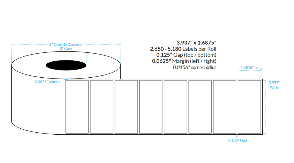 [100102-3X8-SaB-184-1000000] 3.937" x 1.6875" SATIN Polypropylene BOPP {SQUARE CORNERS} Roll Labels  (3"CORE/8"OD)