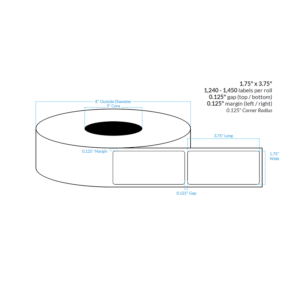 1.75" x 3.75" MATTE WHITE PAPER {ROUNDED CORNERS} Roll Labels  (3"CORE/8"OD)