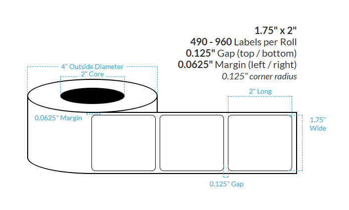 [100317-2X4-SB-125-1000000] 1.75" X 2" Silver Polypropylene BOPP {Rounded Corners} Roll Labels (2"Core/4"OD)