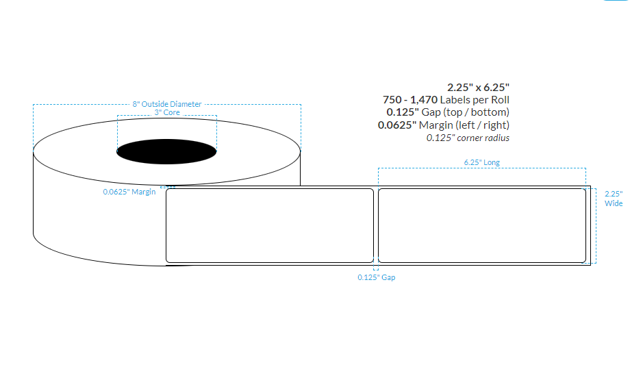 [101621-3X8-HGB-129-1000000] 2.25" X 6.25" High Gloss White BOPP Polypropylene {Rounded Corners} Roll Labels  (3"Core/8"OD)