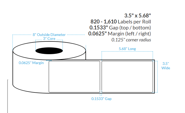 3.5" x 5.68"  MATTE WHITE Polypropylene BOPP {ROUNDED CORNERS} Roll Labels (3"CORE/8"OD)