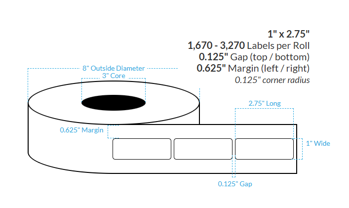 [103830-3X8-MWB-182-1000000] 1" X 2.75" Matte Polypropylene BOPP {Rounded Corners} Roll Labels  (3"Core/8"OD)