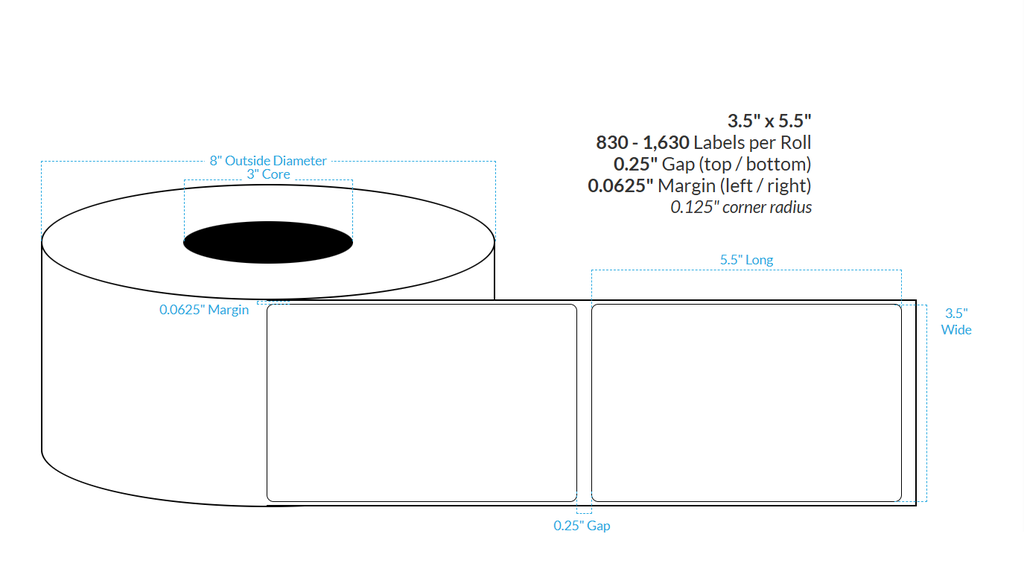 [100758-3X8-MWB-182-1000000] 3.5" x 5.5" MATTE Polypropylene (BOPP) {ROUNDED CORNERS} Roll Labels  (3"CORE/8"OD)