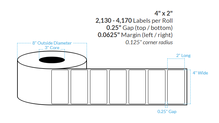 [100211-3X8-HGB-142-1000000] 4" x 2" HIGH GLOSS WHITE Polypropylene BOPP {ROUNDED CORNERS} Roll Labels (3"CORE/8"OD)