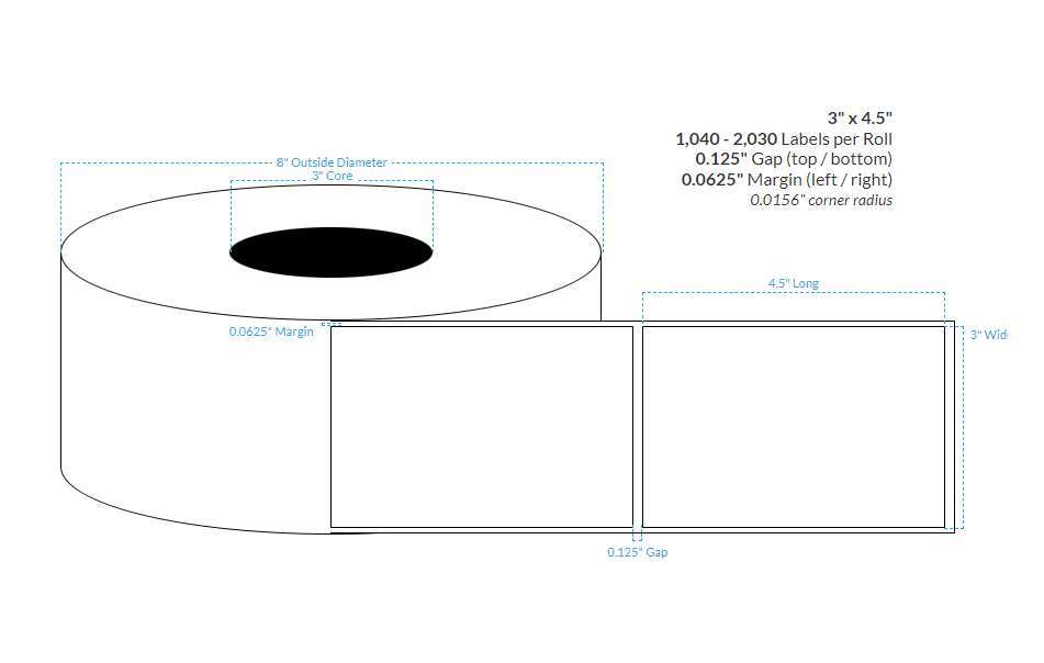 3" X 4.5" High Gloss White Polypropylene (BOPP) {Square Corners} Roll Labels (3"Core/8"OD)