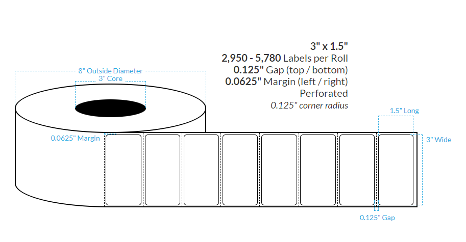 3" x 1.5" MATTE WHITE Polypropylene BOPP {ROUNDED CORNERS} PERFORATED Roll Labels  (3"CORE/8"OD)
