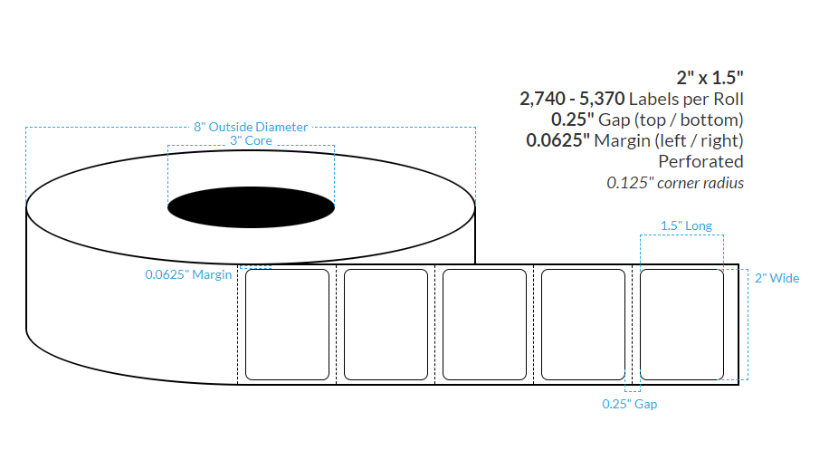 2" X 1.5"  Matte White Polypropylene BOPP {Rounded Corners} Perforated Roll Labels  (3"Core/8"OD)