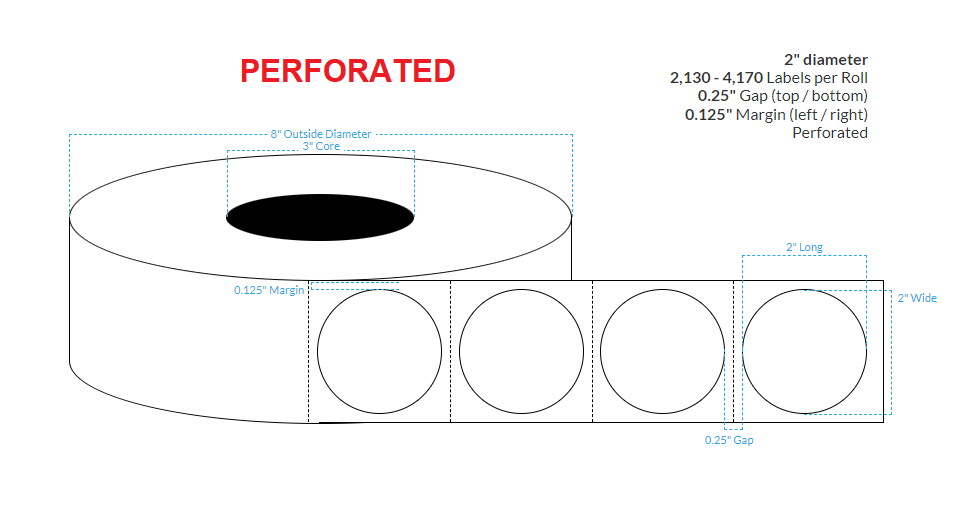 [101481-3X8-HGWP-182-1110000] 2" High Gloss Paper {Perforated Circle} Roll Labels (3"Core/8"OD)