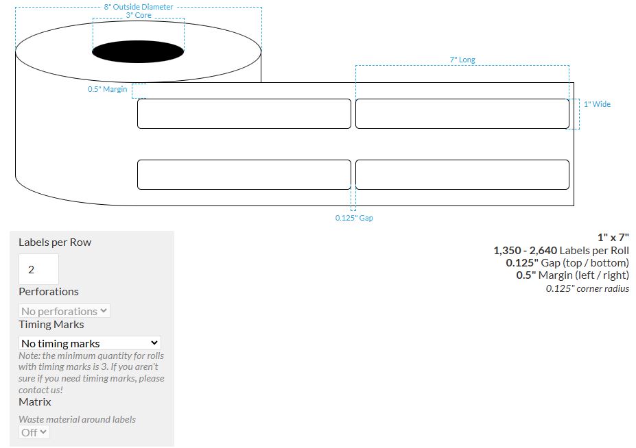[100644-3X8-HGWP-129-2000000] 1" X 7" High Gloss White Paper {Round Corners} Roll Labels  (3"Core/8"OD)