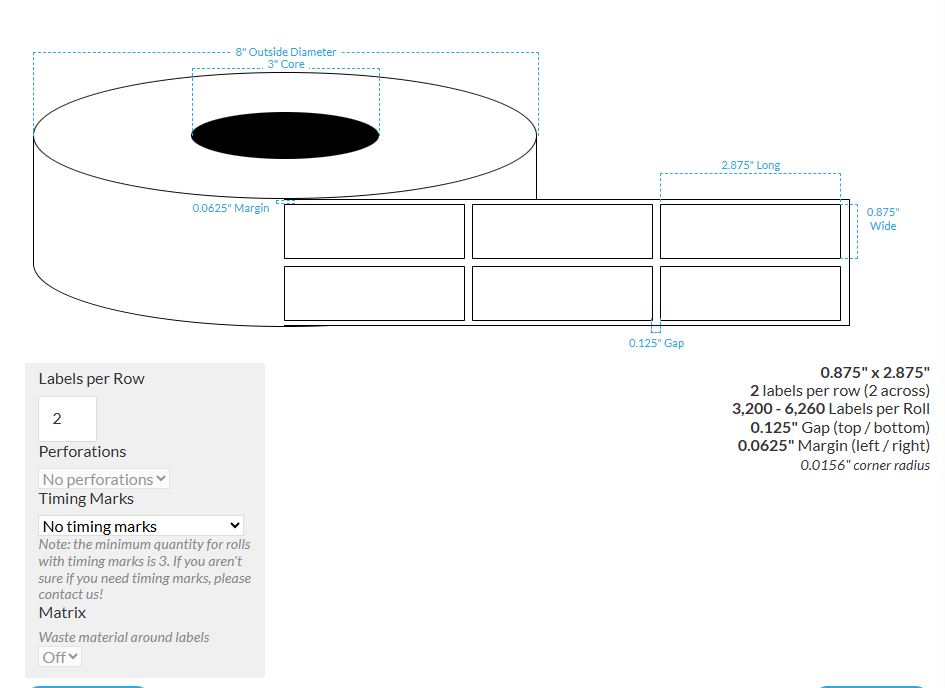 0.875" X 2.875" Smooth Silver Holographic {Square Corners} Roll Labels (3"Core/8"OD)