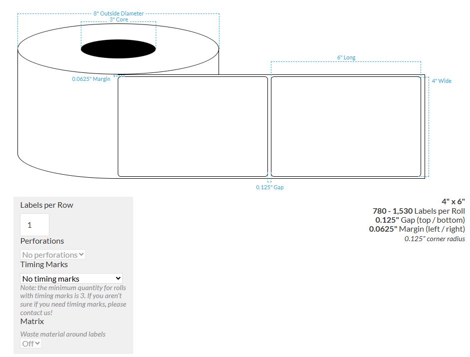 4" X 6" MATTE WHITE PAPER {ROUND CORNERS} Roll Labels  (3"CORE/8"OD)
