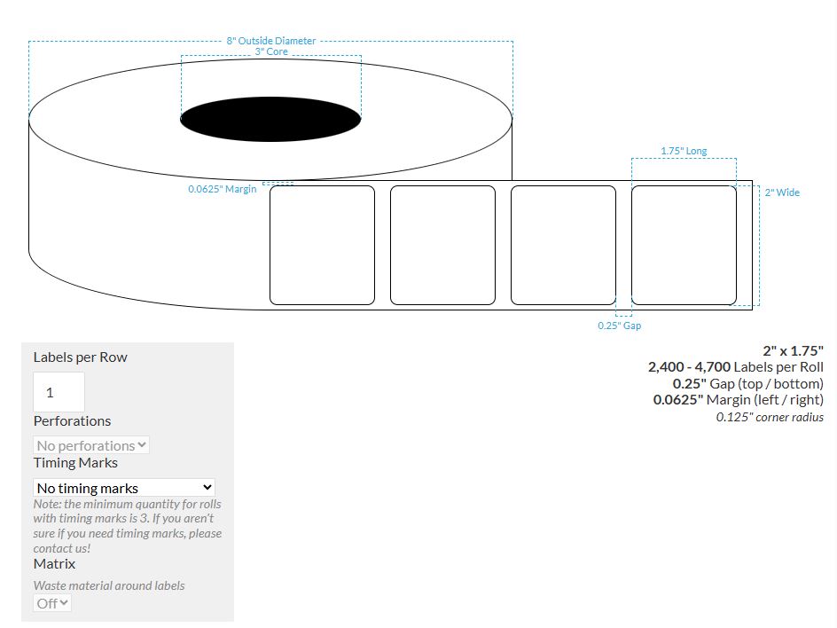 2" x 1.75" MATTE WHITE PAPER {ROUNDED CORNERS} Roll Labels  (3"CORE/8"OD)