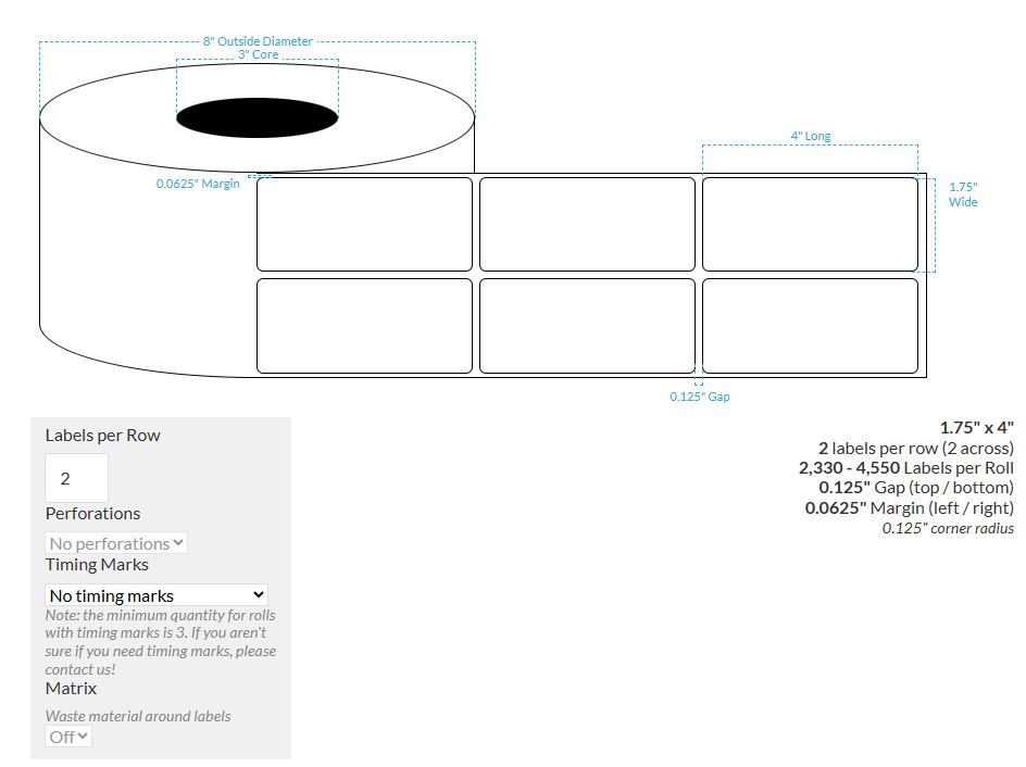 1.75" x 4" HIGH GLOSS WHITE PAPER {ROUNDS CORNERS} Roll Labels  (3"CORE/8"OD)
