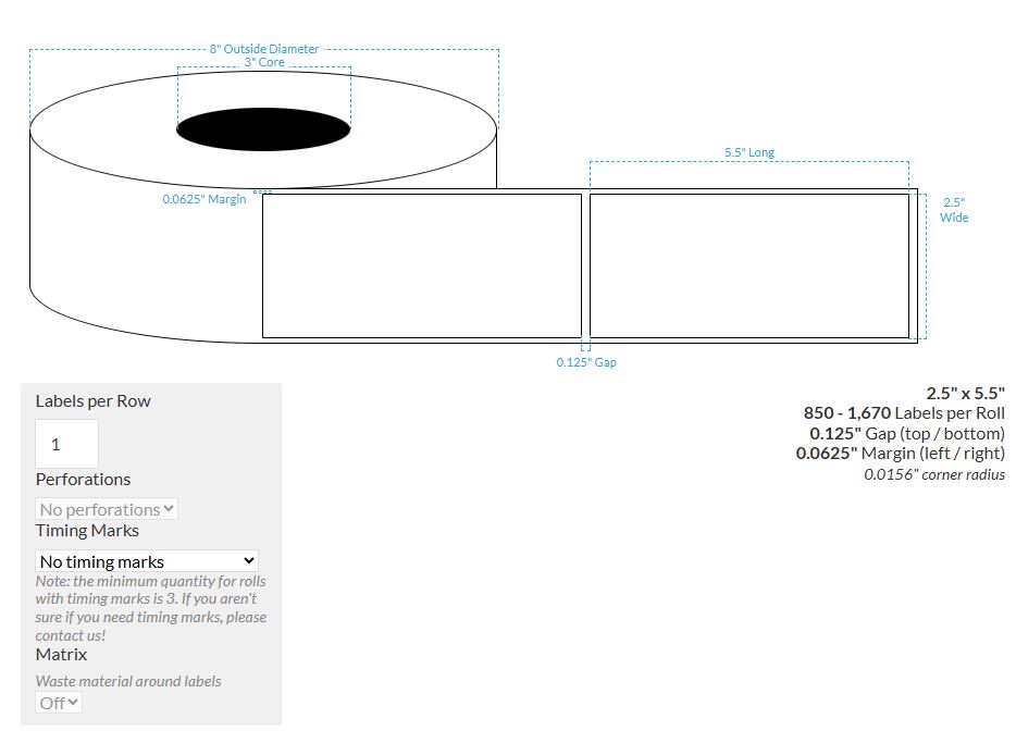 2.5" x 5.5" HIGH GLOSS WHITE Polypropylene BOPP {RECTANGLE} Roll Labels (3"CORE/8"OD)