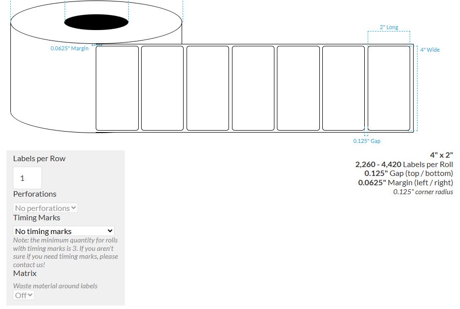 4" x 2" HIGH GLOSS WHITE WHITE POLYPROPYLENE (BOPP) {ROUNDED CORNERS} Roll Labels  (3"CORE/8"OD)