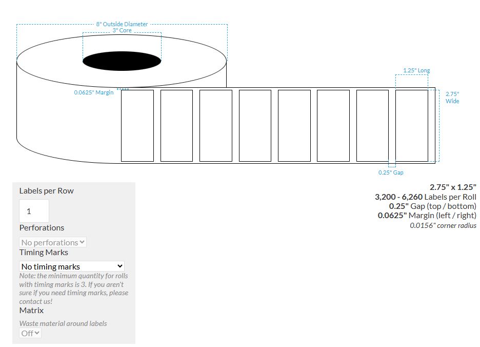 2.75" x 1.25" HIGH GLOSS WHITE Polypropylene BOPP {SQUARE CORNERS} Roll Labels (3"CORE/8"OD)