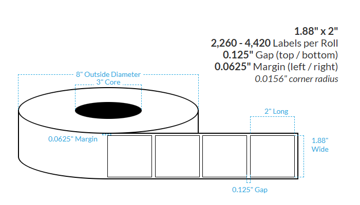 1.88" x 2" CANON LX-P5510 HIGH GLOSS WHITE BOPP {SQUARE CORNERS} Roll Labels  (3"CORE/8"OD) (copy)
