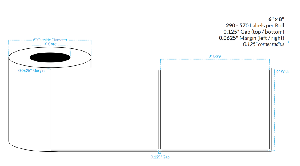 6" X 8" MATTE WHITE BOPP (BS5609 CERTIFICATION) {ROUNDED CORNERS} Blank Roll Labels  (3"CORE/6"OD)