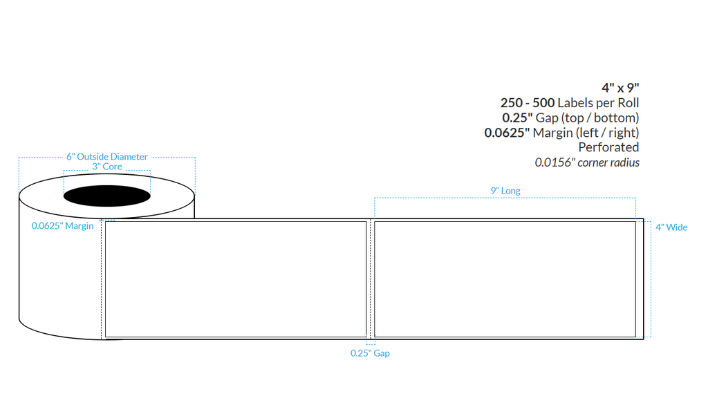 4" X 9" MATTE WHITE BOPP PERFORATED (BS5609 CERTIFICATION) {RECTANGLE/SQUARE CORNERS} Roll Labels  (3"CORE/6"OD)