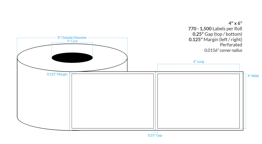 4" X 6" MATTE WHITE BOPP PERFORATED (BS5609 CERTIFICATION) {RECTANGLE/SQUARE CORNERS} Roll Labels  (3"CORE/8"OD)