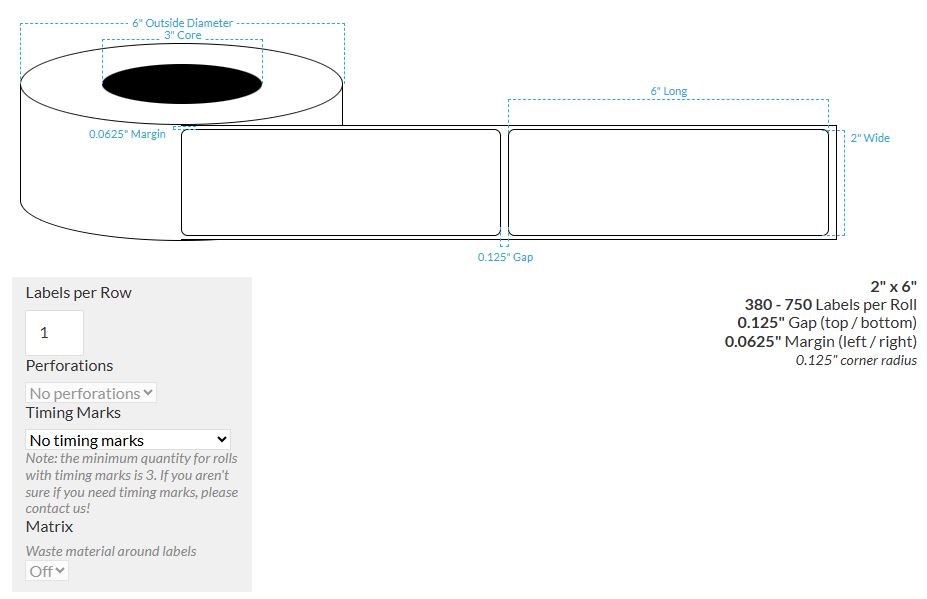 2" x 6" HIGH GLOSS WHITE PAPER {ROUNDED CORNERS} Roll Labels (3"CORE/6"OD)