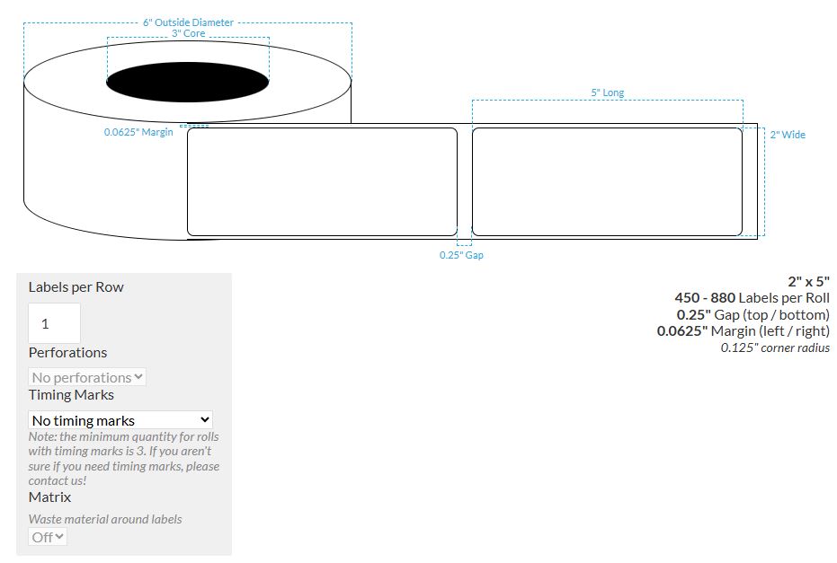2" x 5" HIGH GLOSS WHITE PAPER {ROUNDED CORNERS} Roll Labels (3"CORE/6"OD)