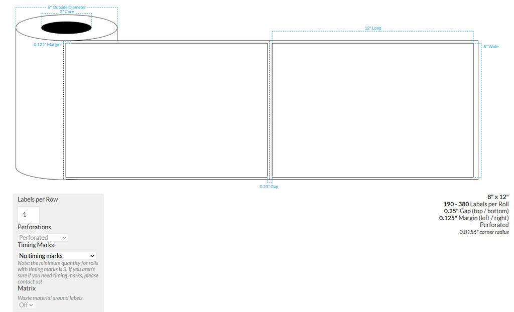 8" X 12" MATTE WHITE BOPP PERFORATED (BS5609 CERTIFICATION) {RECTANGLE/SQUARE CORNERS} Roll Labels  (3"CORE/6"OD)