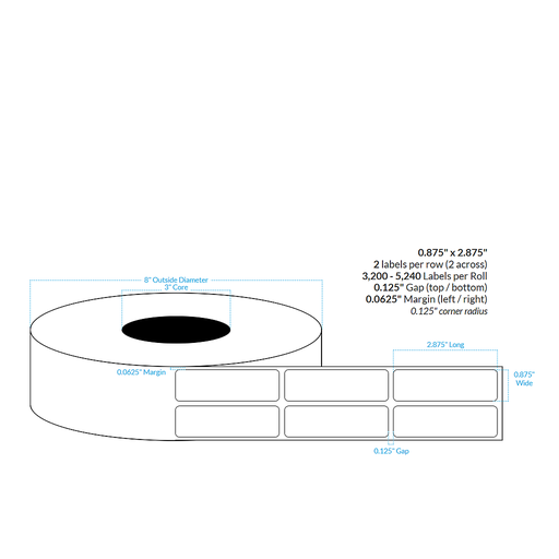 [IJM-0875-2875-2000-3NP-2UP-SPC, 105393-3X6-MWP-149-2000000] 0.875" x 2.875" MATTE WHITE PAPER {2-ACROSS SQUARE CORNERS} Roll Labels (3"CORE/6"OD)
