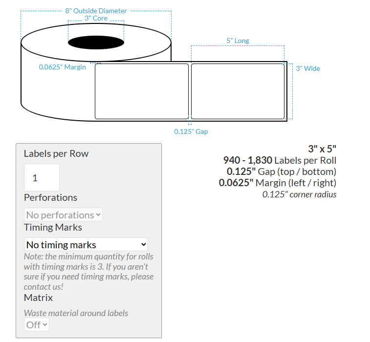 3" X 5" MATTE WHITE BOPP (BS5609 CERTIFICATION) {ROUNDED CORNERS} Blank Roll Labels  (3"CORE/8"OD)
