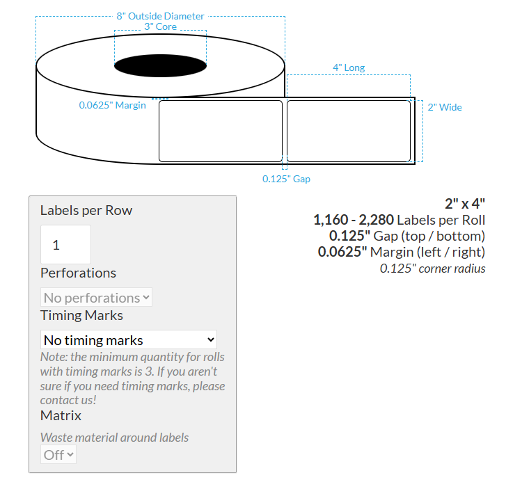 2" X 4" MATTE WHITE BOPP (BS5609 CERTIFICATION) {ROUNDED CORNERS} Blank Roll Labels  (3"CORE/8"OD)