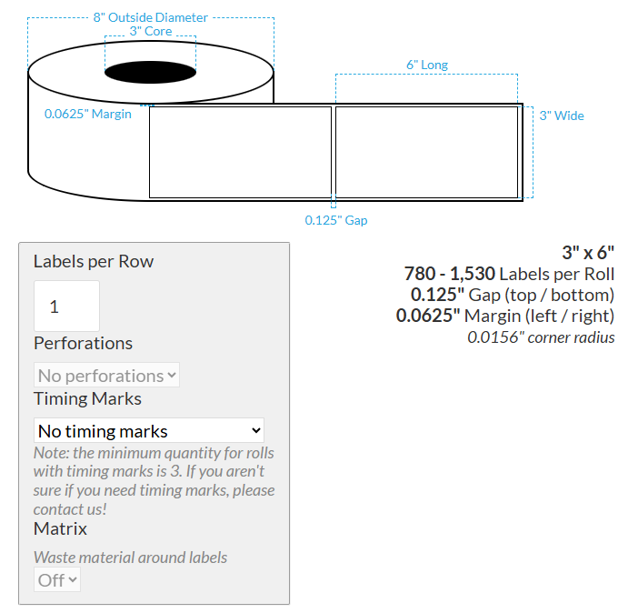 3" X 6" MATTE WHITE BOPP (BS5609 CERTIFICATION) {RECTANGLE/SQUARE CORNERS} Blank Roll Labels  (3"CORE/8"OD)