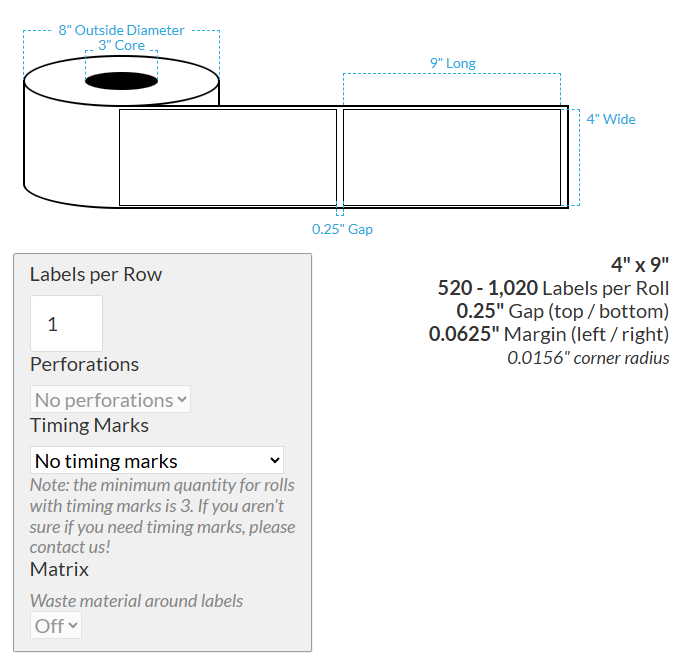 4" x 9" CANON LX-P5510 HIGH GLOSS WHITE BOPP {RECTANGLE/SQUARE CORNERS} Roll Labels  (3"CORE/8"OD)