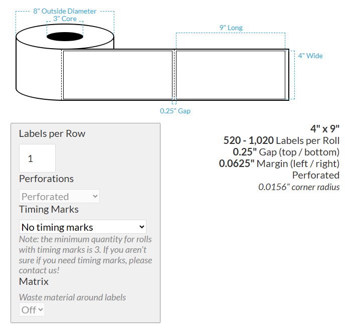 4" x 9" CANON LX-P5510 HIGH GLOSS WHITE BOPP {RECTANGLE/SQUARE CORNERS} PERFORATED Roll Labels  (3"CORE/8"OD)