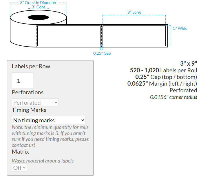 3" x 9" CANON LX-P5510 MATTE WHITE KIMDURA {RECTANGLE/SQUARE CORNERS} PERFORATED Roll Labels  (3"CORE/8"OD)