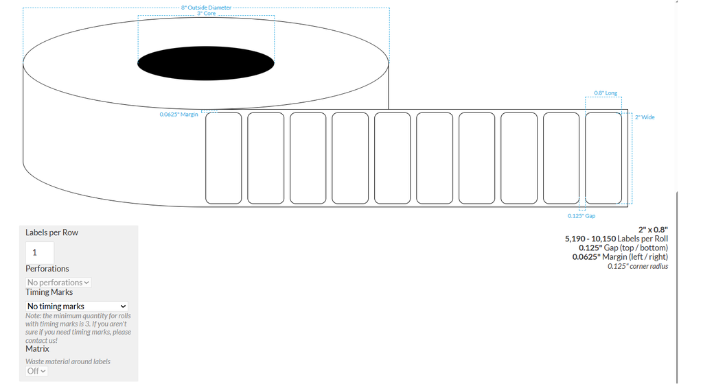 2" x 0.8" CANON LX-D5500 PREMIUM HIGH GLOSS WHITE BOPP {ROUNDED CORNERS} Roll Labels  (3"CORE/8"OD)