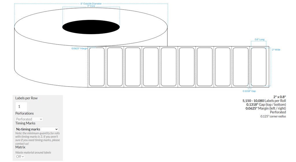 2" x 0.8" CANON LX-D5500 PREMIUM HIGH GLOSS WHITE BOPP {ROUNDED CORNERS} PERFORATED Roll Labels  (3"CORE/8"OD)