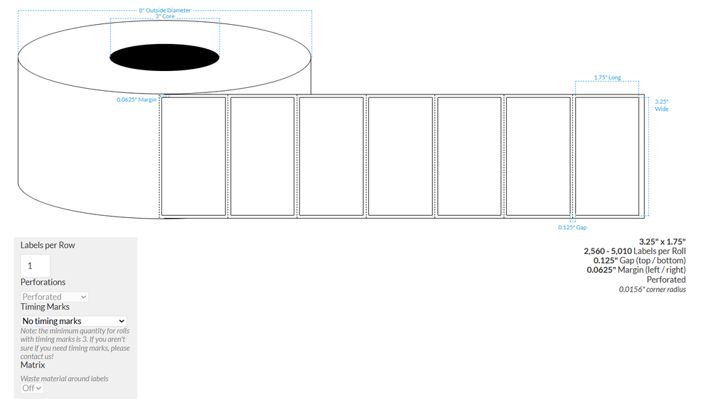 3.25" x 1.75" CANON LX-D5500 HIGH GLOSS WHITE BOPP BLOCKOUT {RECTANGLE/SQUARE CORNERS} PERFORATED Roll Labels  (3"CORE/8"OD)