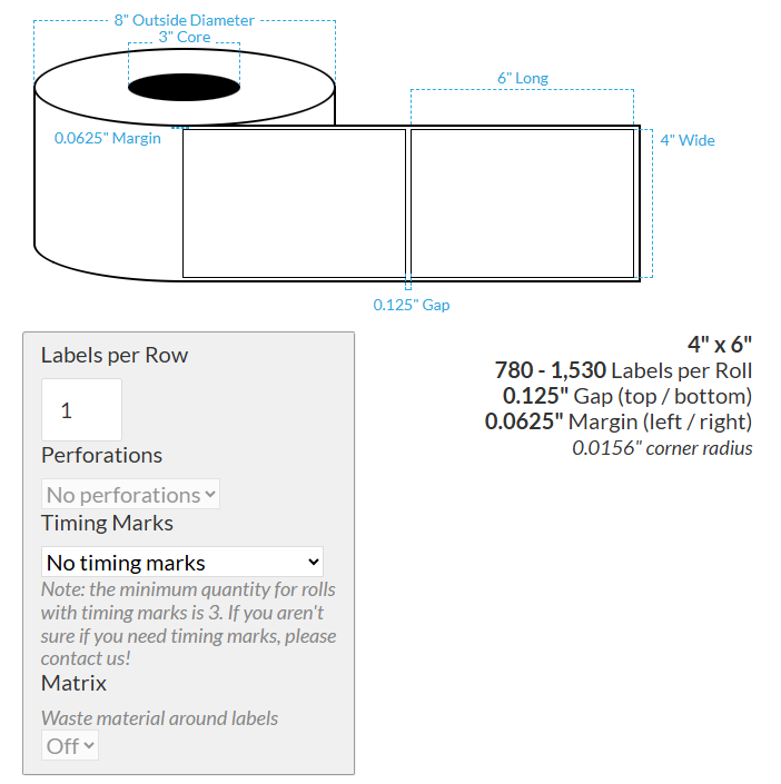 4" x 6" VIPColor VP750 HIGH GLOSS WHITE BOPP (RECTANGLE/SQUARE CORNERS) Roll Labels (3"CORE/8"OD)