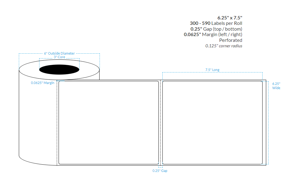[103520-3X6-HGWP-177-1000000] Primera 6.25" X 7.5" High Gloss White Paper {Round Corners} Perforated Roll Labels (3"Core/6"OD) (Perforated)