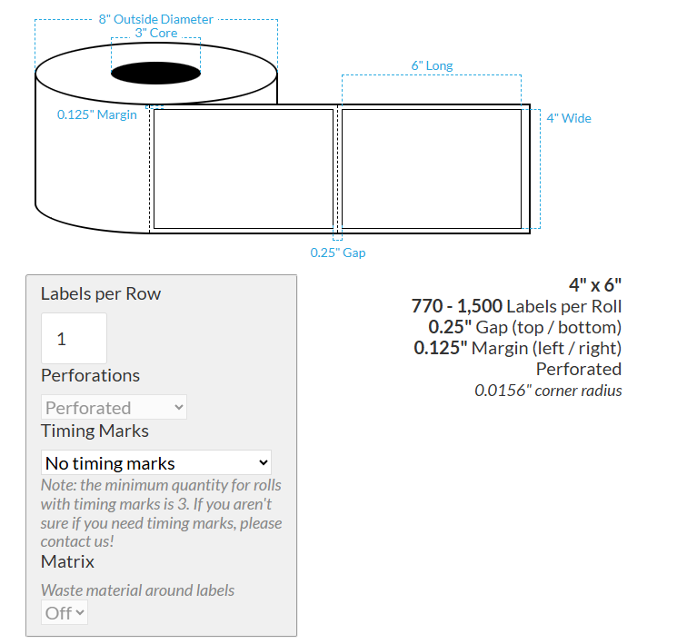 4" x 6" VIPColor VP750 HIGH GLOSS WHITE BOPP (RECTANGLE/SQUARE CORNERS) PERFORATED Roll Labels (3"CORE/8"OD)