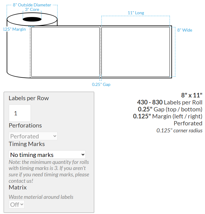8" x 11" VIPColor VP750 MATTE WHITE BOPP (ROUNDED CORNERS) PERRFORATED Roll Labels (3"CORE/8"OD)